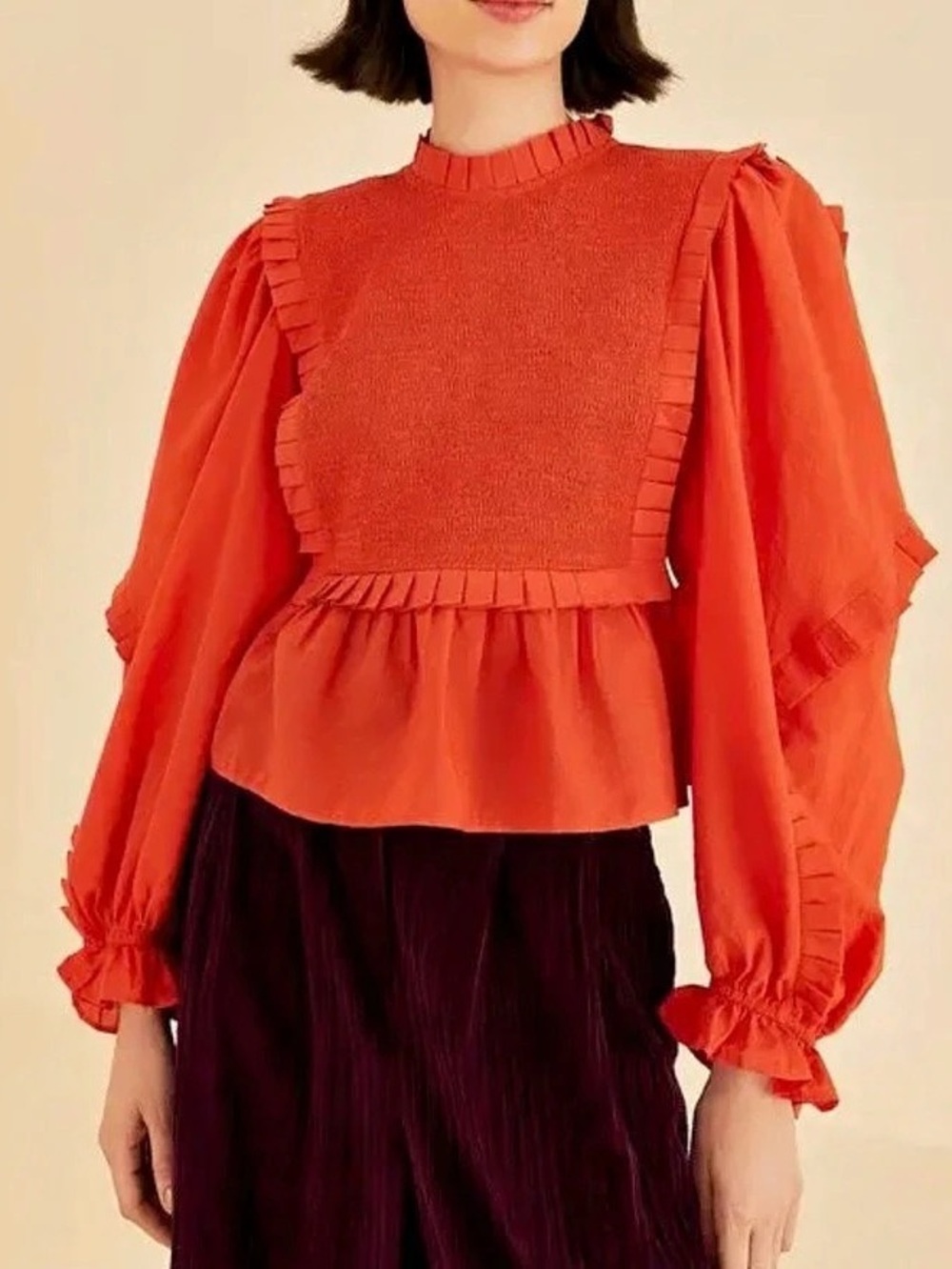 Farm Rio Orange Smocked Ruffle Blouse Size Medium